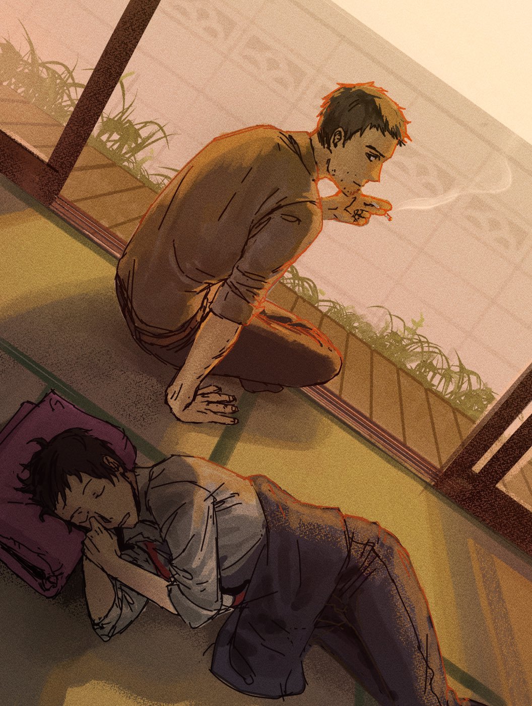 2boys adachi_tooru arm_up black_pants brown_hair cigarette closed_eyes covering_with_blanket doujima_ryoutarou grass grey_shirt hand_on_ground highres holding holding_cigarette looking_at_another looking_back lying morrisuit multiple_boys on_floor own_hands_together pants parted_lips persona persona_4 shirt short_hair sitting sleeves_rolled_up smoke smoke_trail smoking tatami