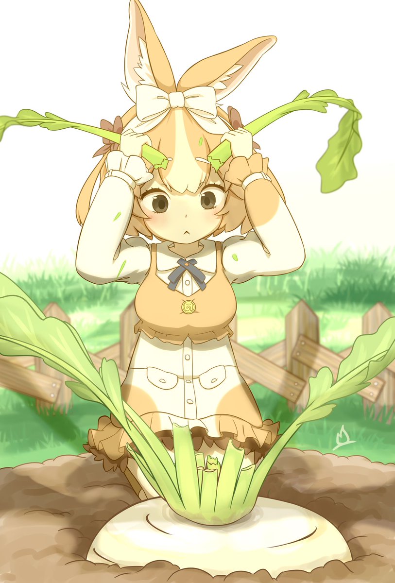 :&lt; animal_ears black_bow black_bowtie blush bow bowtie brown_bow brown_dress brown_eyes brown_socks brown_vest collared_dress daikon domestic_rabbit_(kemono_friends) dress frilled_dress frilled_vest frills garden hair_between_eyes hair_bow highres japari_symbol kemono_friends kemono_friends_3 leaf light_brown_hair long_sleeves multicolored_hair onefiresticks oversized_food oversized_object puffy_sleeves rabbit_ears rabbit_girl rabbit_tail radish seiza short_hair sidelocks sitting socks sweatdrop tail two-tone_dress two-tone_hair vest white_bow white_dress white_hair