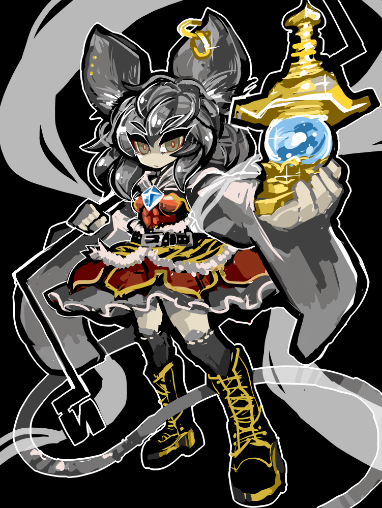 1girl animal_ears belt bishamonten&#039;s_pagoda black_background boots capelet cosplay dowsing_rod earrings female_focus full_body grey_hair hair_ornament jewelry looking_at_viewer mouse_ears mouse_tail nazrin shawl short_hair simple_background solo tail toramaru_shou toramaru_shou_(cosplay) touhou yellow_eyes yt_(wai-tei)