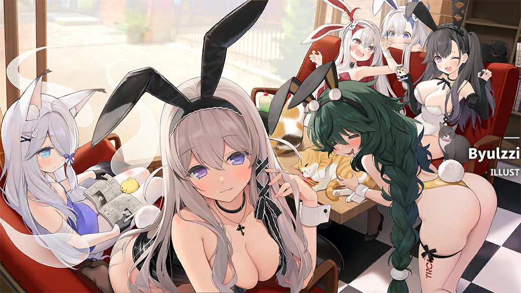 animal_ears azur_lane black_hair blue_eyes blue_hair byulzzi cat checkered_floor cuff_links fake_animal_ears fake_rabbit_ears fake_rabbit_tail fake_tail fox_ears green_hair hair_ornament hair_over_one_eye hair_ribbon heterochromia kasumi_(azur_lane) leotard libeccio_(azur_lane) light_brown_hair maestrale_(azur_lane) manjuu_(azur_lane) multicolored_hair murmansk_(azur_lane) pamiat_merkuria_(azur_lane) playboy_bunny purple_eyes rabbit_ears rabbit_hair_ornament rabbit_tail red_eyes red_hair ribbon table tail torricelli_(azur_lane) white_hair