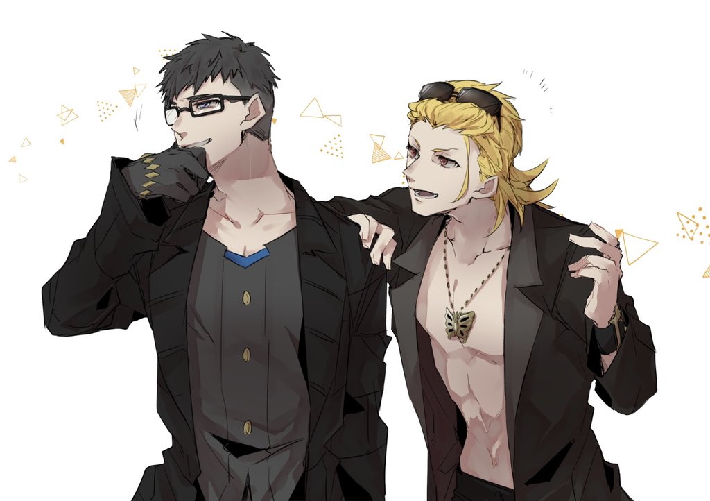 2boys abs black_hair black_jacket blonde_hair butterfly_necklace collared_jacket glasses gloves grey_shirt hand_on_another&#039;s_shoulder hand_on_own_chin hand_on_own_face hishima_(ntwewy) jacket medium_hair multiple_boys no_shirt open_clothes open_jacket open_mouth pectorals rectangular_eyewear red_eyes shiba_(ntwewy) shin_subarashiki_kono_sekai shirt smile subarashiki_kono_sekai sunglasses_on_head undercut upper_body