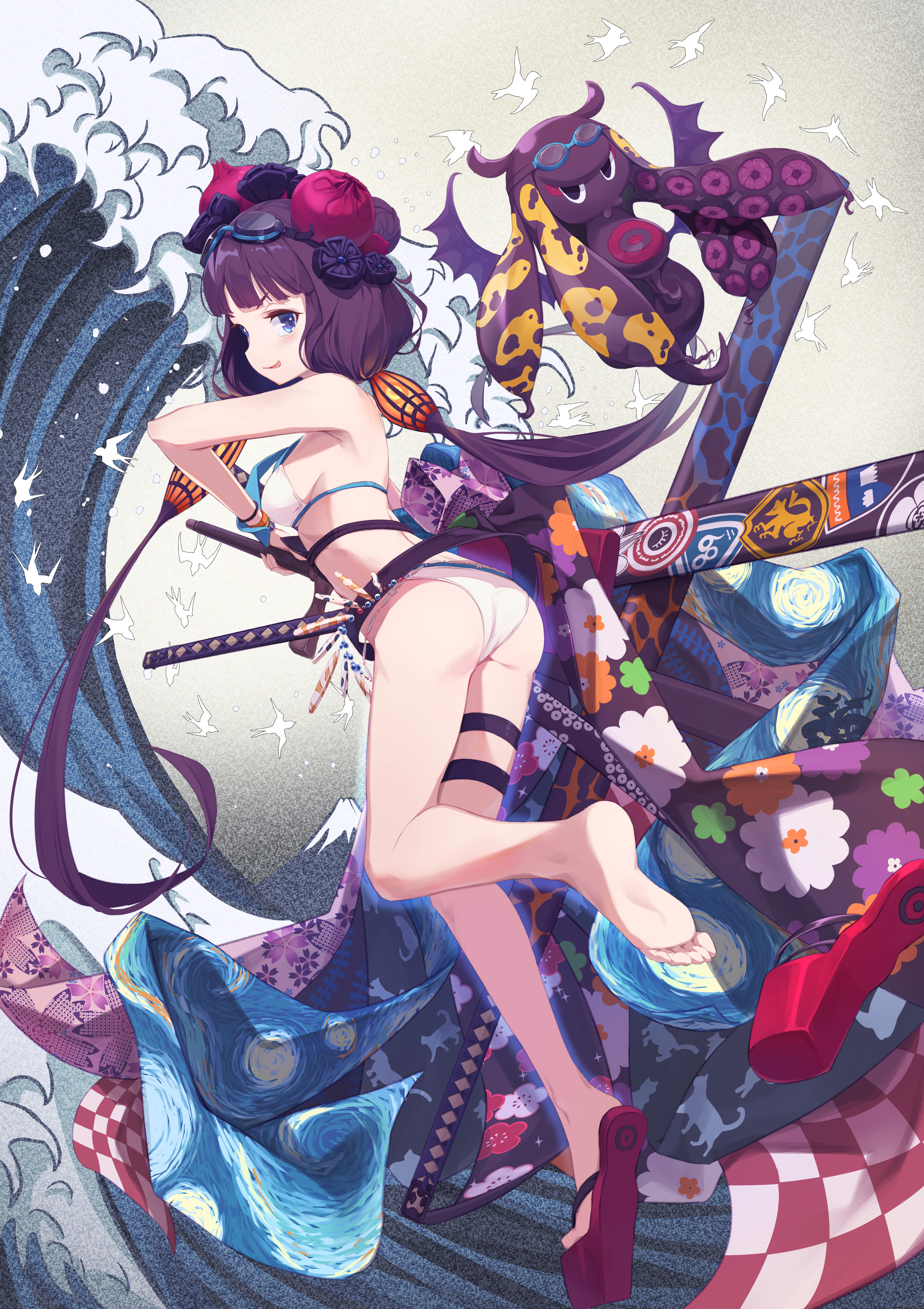 1girl absurdres ass back bare_shoulders beads belt bikini blue_eyes bracelet breasts cleavage collarbone fate/grand_order fate_(series) floral_print goggles goggles_on_head hair_bun hair_ornament highres jewelry katana katsushika_hokusai_(fate) katsushika_hokusai_(swimsuit_saber)_(fate) long_hair looking_at_viewer looking_back medium_breasts obi octopus purple_hair sash sheath sidelocks smile swimsuit sword thigh_strap to9643 tokitarou_(fate) waves weapon white_bikini