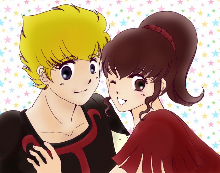 1boy 1girl artist_request blonde_hair brown_hair chururu jordy_vorder kikou-kai_galient