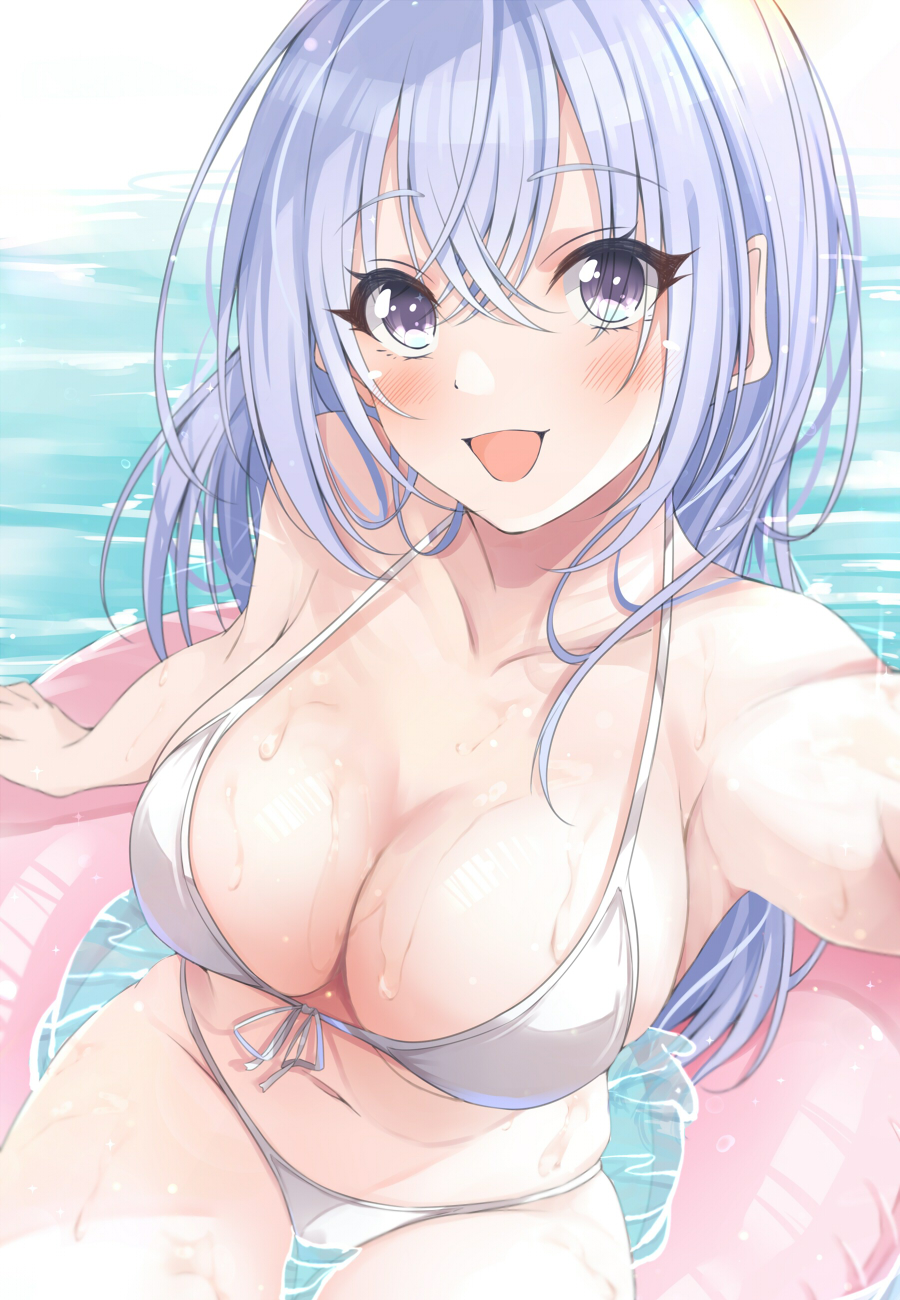 1girl armpits bikini blue_hair blush breasts cleavage collarbone front-tie_bikini_top front-tie_top groin hair_between_eyes halterneck highres hitotsuki_nanoka idolmaster idolmaster_shiny_colors large_breasts looking_at_viewer navel on_innertube selfie sitting smile solo stomach string_bikini suzuki_hana swimsuit water_drop white_bikini