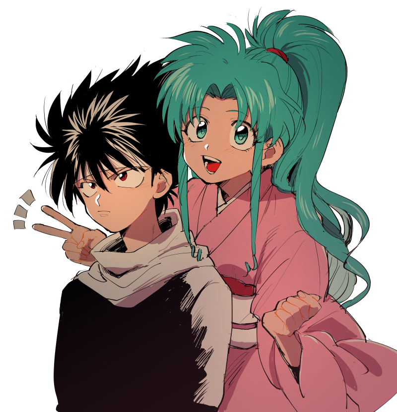 1boy 1girl aqua_eyes aqua_hair blush botan_(yu_yu_hakusho) headband hiei japanese_clothes kimono long_hair long_sleeves ponytail red_eyes scarf simple_background smile upper_body v white_background wide_sleeves yuu_yuu_hakusho