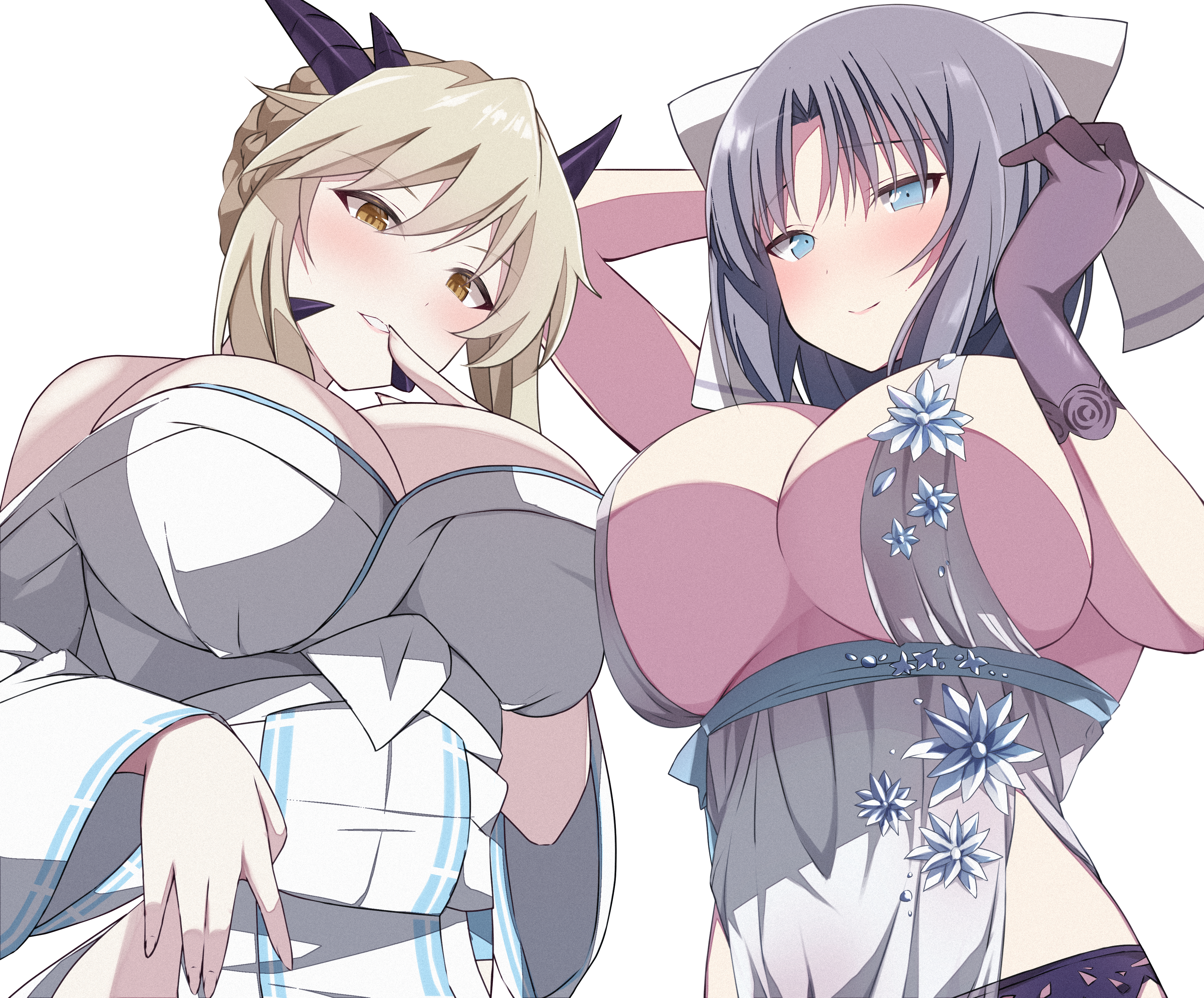 2girls absurdres artoria_pendragon_(fate) artoria_pendragon_(lancer_alter)_(fate) artoria_pendragon_(royal_icing)_(fate) artoria_pendragon_(royal_icing)_(fate)_(cosplay) babydoll bare_shoulders black_gloves blonde_hair blue_babydoll blue_eyes blush bow braid breasts chimunge choker cleavage closed_mouth cosplay costume_switch fate/grand_order fate_(series) garter_belt gloves grey_hair hair_between_eyes hair_bow highres horns japanese_clothes jewelry kimono large_breasts long_hair long_sleeves looking_at_viewer multiple_girls necklace parted_bangs parted_lips pelvic_curtain ribbon-trimmed_kimono ribbon_trim see-through_clothes senran_kagura short_hair sideboob sidelocks smile snowflake_print white_bow white_kimono yellow_eyes yumi_(senran_kagura) yumi_(senran_kagura)_(cosplay)