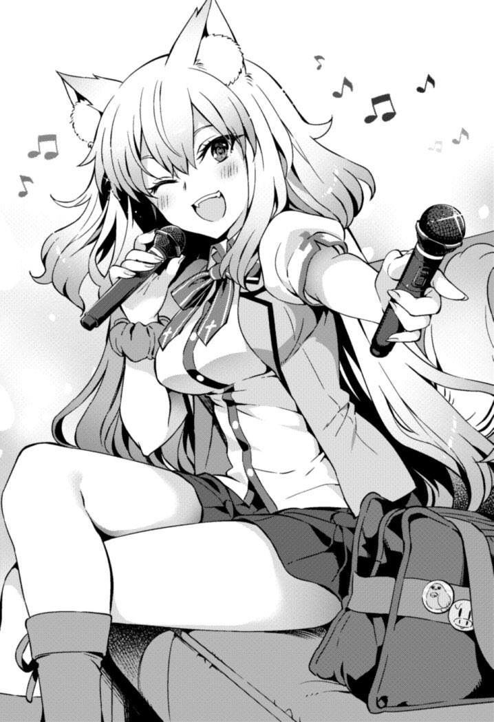 1girl ;d animal_ear_fluff animal_ears bag bow bowtie breasts crossed_legs fate/grand_order fate_(series) hanabana_tsubomi holding holding_microphone homurabara_academy_school_uniform karaoke long_hair looking_at_viewer medium_breasts microphone musical_note one_eye_closed open_clothes open_mouth open_vest school_bag school_uniform short_sleeves simple_background sitting skirt smile solo suzuka_gozen_(fate) teeth upper_teeth_only vest