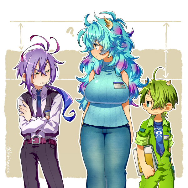 1girl 2boys ? ahoge black_pants black_vest blue_hair blue_pants blue_shirt blush book breasts collared_shirt genderswap genderswap_(mtf) green_hair green_jumpsuit hair_between_eyes height_conscious height_difference holding holding_book humanization james_p._sullivan jumpsuit kiri_futoshi large_breasts long_hair mike_wazowski monsters_inc. multiple_boys pants ponytail purple_hair randall_boggs ribbed_sweater shirt sleeveless sleeveless_sweater smile sweater turtleneck turtleneck_sweater very_long_hair vest white_shirt
