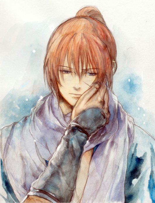 1boy bad_id bad_pixiv_id hand_on_another&#039;s_cheek hand_on_another&#039;s_face himura_kenshin japanese_clothes katana kimono male_focus niko_(silent.whitesnow) ponytail purple_eyes red_hair rurouni_kenshin samurai scar scarf snow solo_focus sword weapon