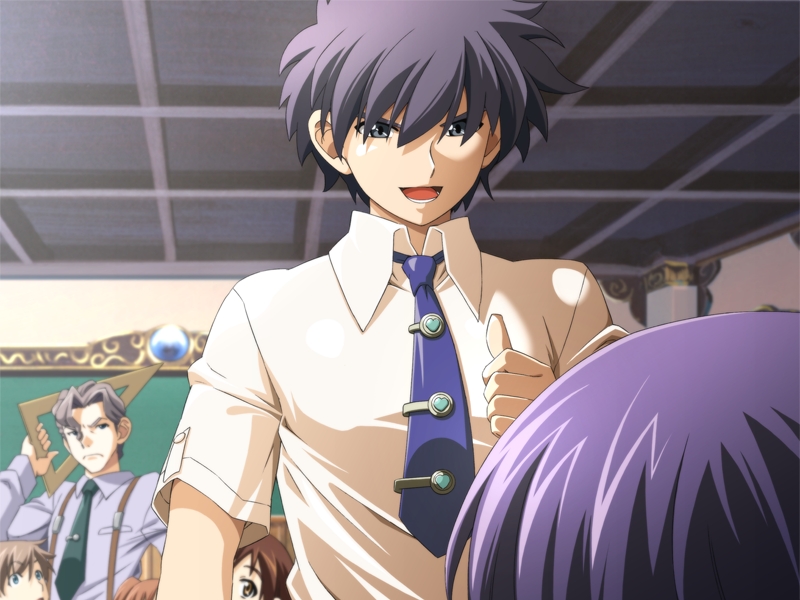 1boy 1girl edelweiss edelweiss_eiden_fantasia game_cg haruma_kazushi purple_hair school_uniform takase_sakura