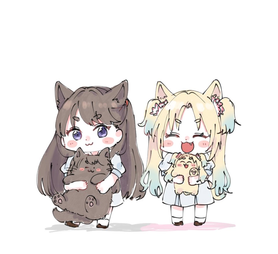 2girls :3 ;3 ^_^ animal animal_ears animalization armpit_carry blonde_hair blue_dress blue_hair brown_hair cat cat_ears cat_girl cat_tail chibi chibi_only closed_eyes closed_mouth colored_shadow commentary_request dog dress fang flower fujishima_megumi full_body gradient_hair hair_flower hair_ornament hasu_no_sora_school_uniform holding holding_animal holding_cat holding_dog kemonomimi_mode light_blue_hair like_and_redraw_challenge link!_like!_love_live! long_hair love_live! medium_dress moso_(expect66) multicolored_hair multiple_girls one_eye_closed open_mouth osawa_rurino parted_bangs person_and_animalization pink_flower pleated_dress puffy_short_sleeves puffy_sleeves purple_eyes redrawn school_uniform shadow short_eyebrows short_sleeves simple_background socks standing summer_uniform tail thick_eyebrows twintails two_side_up white_background white_socks