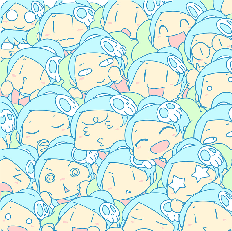 +_+ 3_3 @_@ ^_^ closed_eyes closed_mouth diamond_mouth elysia_de_lute_ima multiple_expressions hair_ornament hairclip happy_birthday kami_nomi_zo_shiru_sekai katsuragi_keima o_o official_art open_mouth parted_bangs ponytail skull_hair_ornament smile tagme wakaki_tamiki |_|