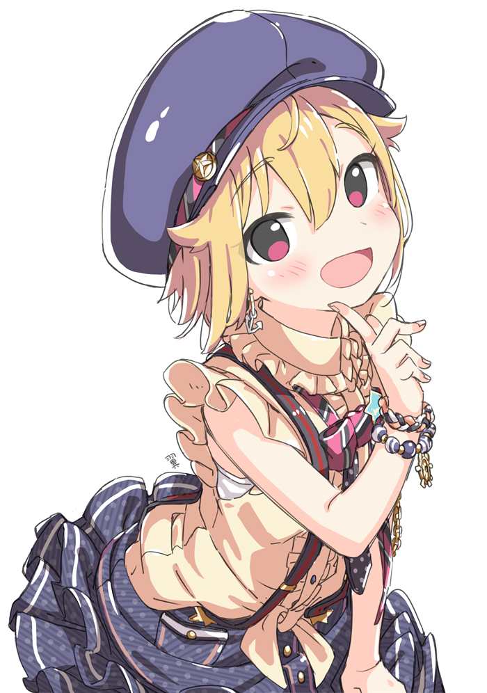 1girl :d bead_bracelet beads blonde_hair blue_hat blue_skirt bow bowtie bracelet cabbie_hat center_frills collared_shirt dress_shirt earrings frills hair_between_eyes hair_flaps hand_up hat ibuki_tsubasa idolmaster idolmaster_million_live! index_finger_raised jewelry kuresuku_(lessons) looking_at_viewer multiple_bracelets open_mouth pink_eyes polka_dot_bowtie red_bow red_bowtie shirt short_hair skirt sleeveless sleeveless_shirt smile solo striped_bow striped_bowtie striped_clothes suspender_skirt suspenders white_background yellow_shirt