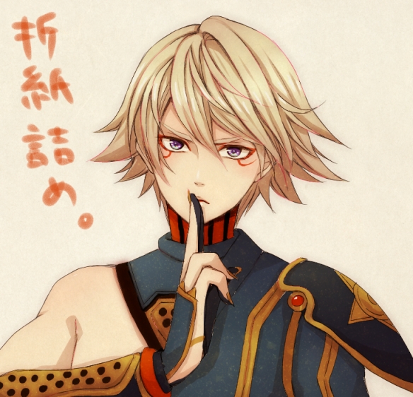1boy amu_(m_aa) armor blonde_hair closed_mouth commentary_request facepaint finger_to_mouth gold_nails grey_background hair_between_eyes ivan_karelin long_sleeves looking_at_viewer male_focus portrait purple_eyes short_hair shoulder_armor simple_background single_bare_shoulder solo tiger_&amp;_bunny translation_request