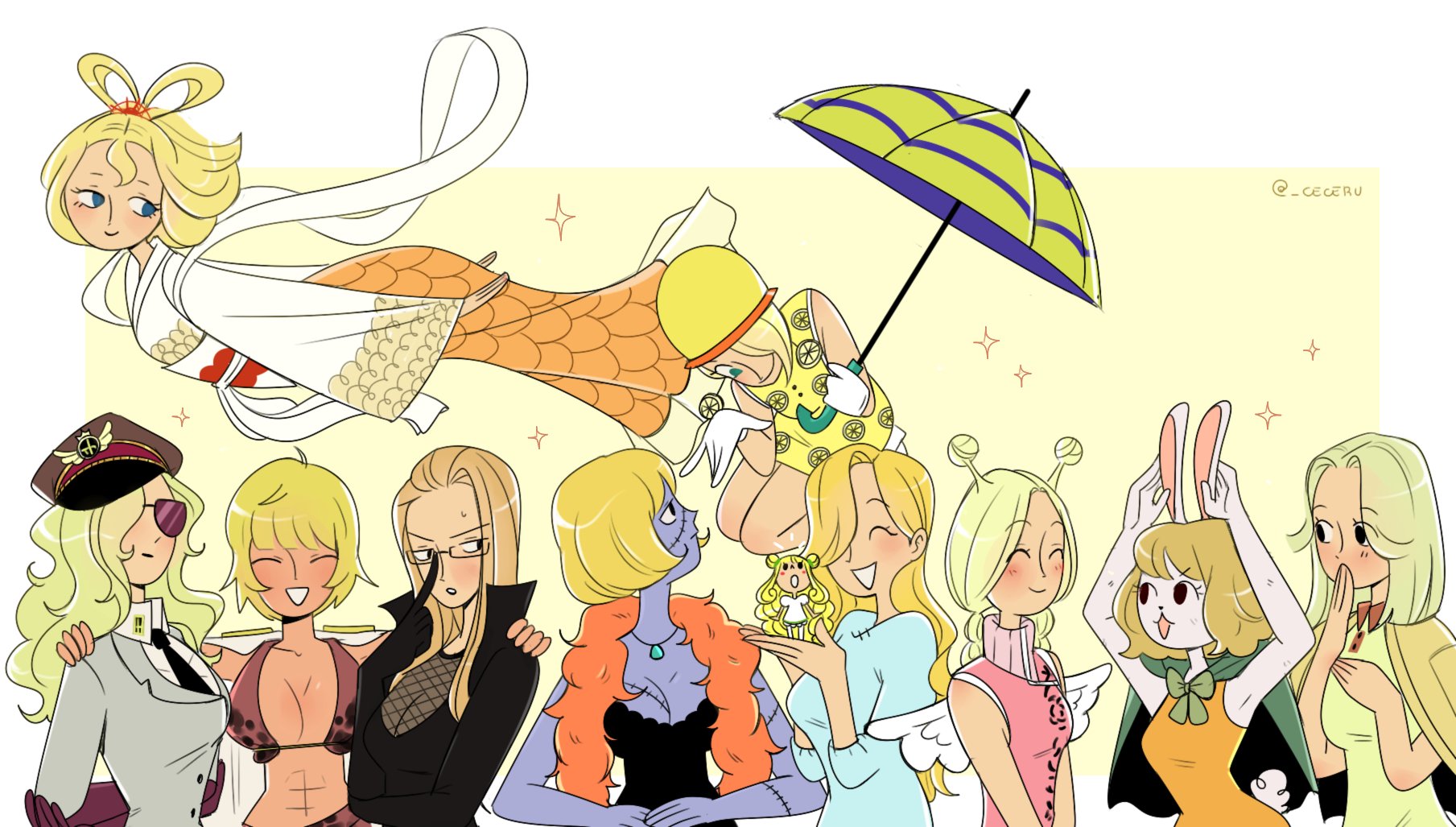 6+girls abs antenna_hair black_dress blonde_hair blue_eyes blunt_bangs blush bob_cut capelet cardigan_on_shoulders carrot_(one_piece) cesel commentary conis_(one_piece) domino_(one_piece) dress english_commentary feather_boa fishnet_top fishnets flying food_print fruit_print glasses gloves green_capelet hagoromo hair_over_one_eye hair_slicked_back highres holding holding_mini_person holding_umbrella japanese_clothes jewelry kalifa_(one_piece) kaya_(one_piece) kimono lemon_print long_hair mansherry marguerite_(one_piece) medium_hair mini_person minigirl miss_valentine multiple_girls necklace notice_lines one_piece otohime_(one_piece) pink_dress rabbit_girl shawl short_hair sleeveless sleeveless_dress sparkle stitched_face stitches sunglasses turtleneck turtleneck_dress twitter_username umbrella victoria_cindry vinsmoke_sora