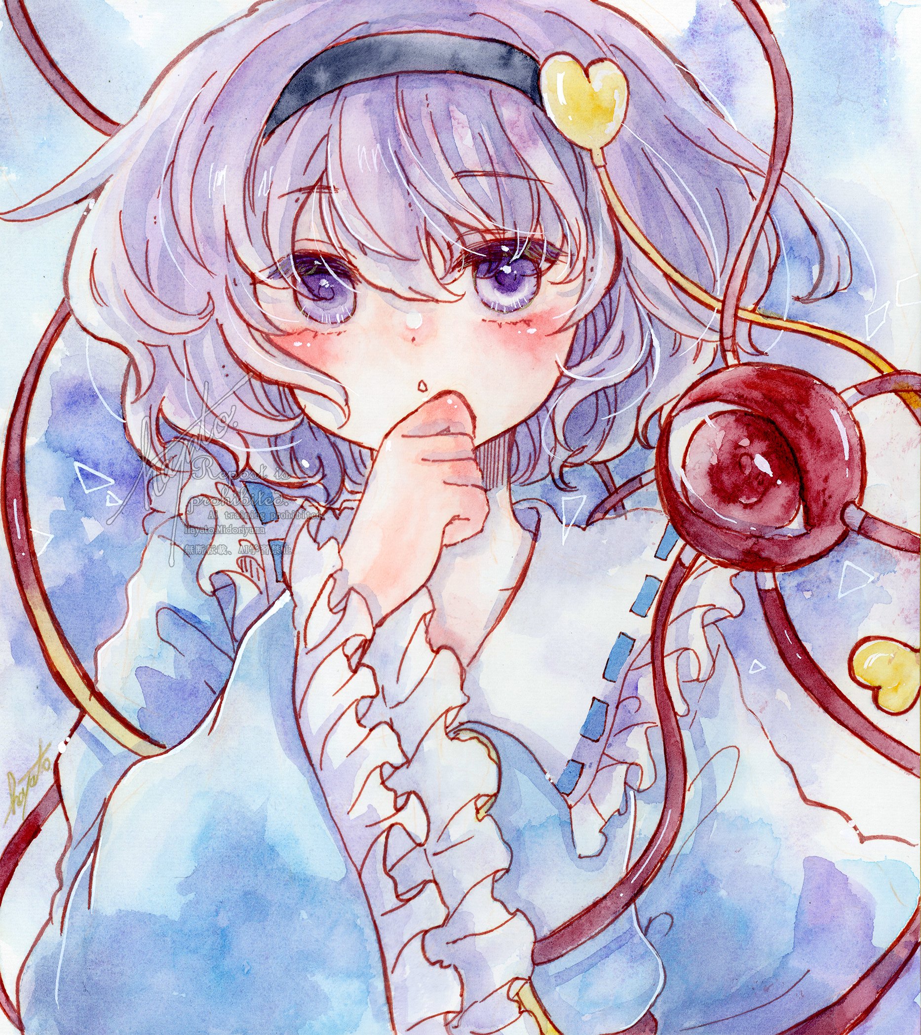 1girl blue_shirt blush frills hairband hand_on_own_chin hand_up highres komeiji_satori looking_at_viewer shirt short_hair solo tomo_hatopo touhou wide_sleeves