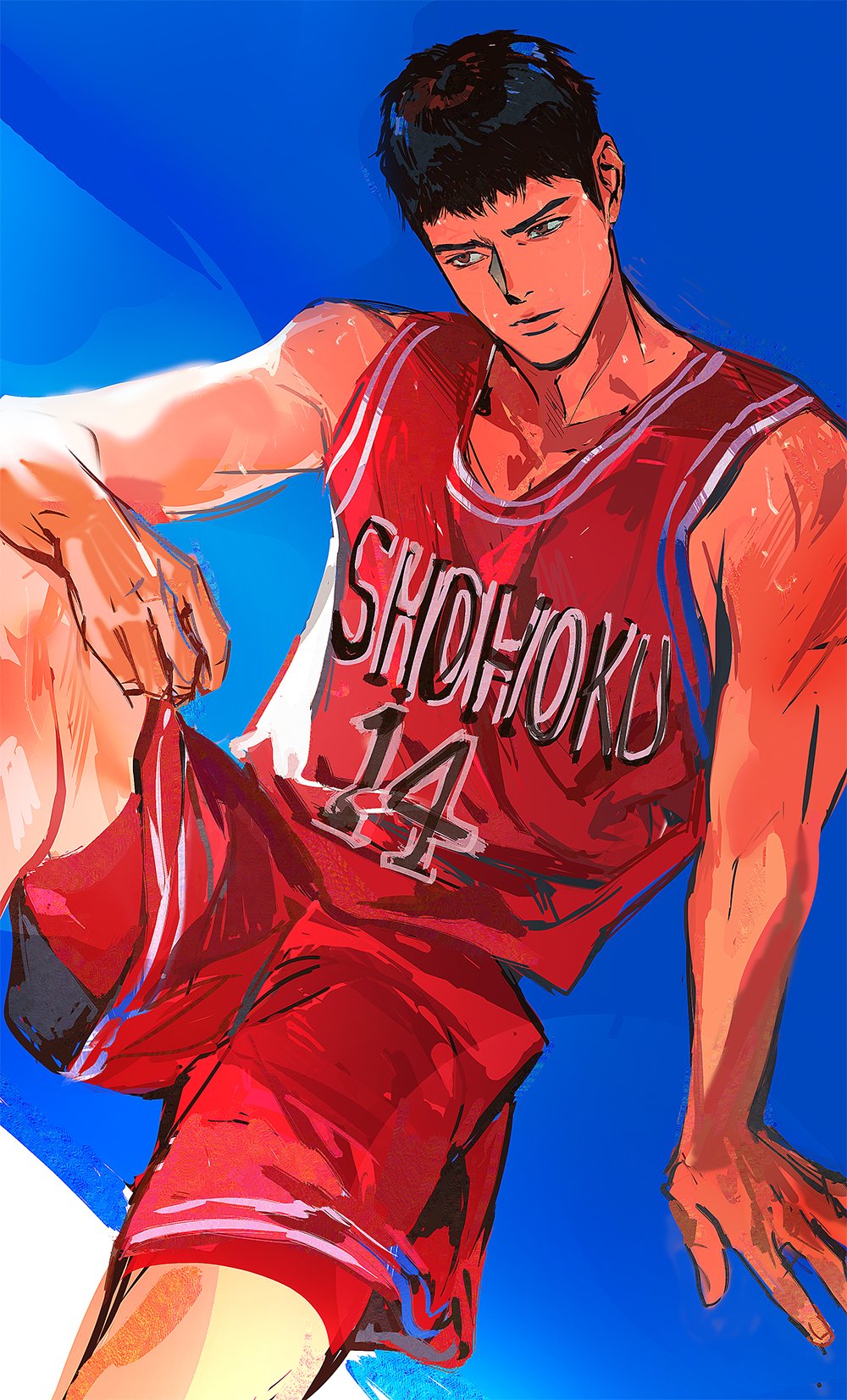 1boy arm_on_knee arm_support bare_shoulders basketball_jersey basketball_shorts basketball_uniform black_hair brown_eyes collarbone commentary_request feet_out_of_frame highres korean_commentary looking_to_the_side male_focus mitsui_hisashi puppy_1ove scoop_neck short_hair shorts sideburns sideways_glance sitting slam_dunk_(series) sleeveless solo sportswear