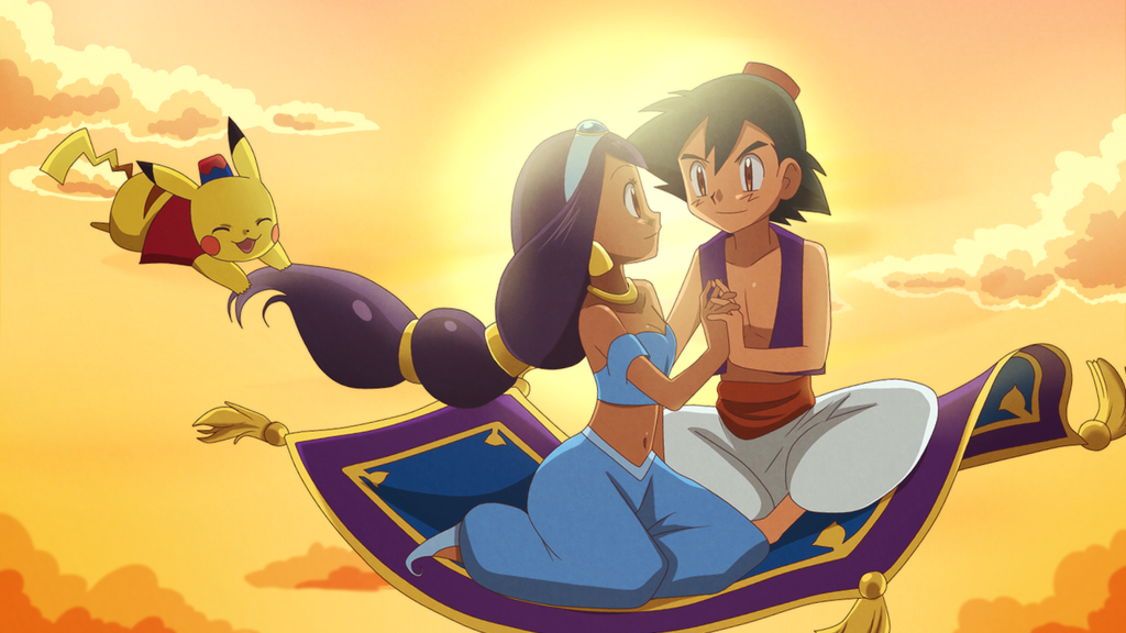 1boy 1girl ^_^ abu_(aladdin) abu_(aladdin)_(cosplay) aladdin_(character)_(cosplay) aladdin_(disney) aladdin_(movie) alternate_costume alternate_hairstyle arabian_clothes ash_ketchum bare_shoulders barefoot black_hair blue_pants blush_stickers breasts carpet child cleavage closed_eyes cloud collar collarbone cosplay couple crossover disney earrings eye_contact floating gen_1_pokemon hairband happy hat hetero hip_focus holding_hands indian_style interlocked_fingers iris_(pokemon) jasmine_(disney) jasmine_(disney)_(cosplay) jewelry kneeling knees kurumierika legs long_hair looking_at_another magic_carpet midriff navel nintendo orange_sky outdoors pants parody pikachu pokemon pokemon_(anime) princess_jasmine_(cosplay) puffy_pants purple_hair purple_vest red_vest shoes sitting sky small_breasts smile sun sunset very_long_hair vest wide_hips yellow_sky yokozuwari