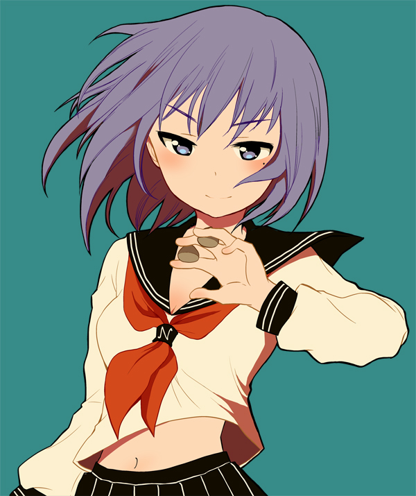 1girl amaguri_senko aqua_background black_skirt blue_eyes blush breasts female_focus henjo_~hen_na_joshi_kousei_amaguri_senko~ holding light_smile long_sleeves looking_at_viewer midriff midriff_peek mole mole_under_eye navel neckerchief original pleated_skirt purple_hair school_uniform serafuku shirt short_hair simple_background skirt sleeve_cuffs small_breasts smile solo ubizo upper_body