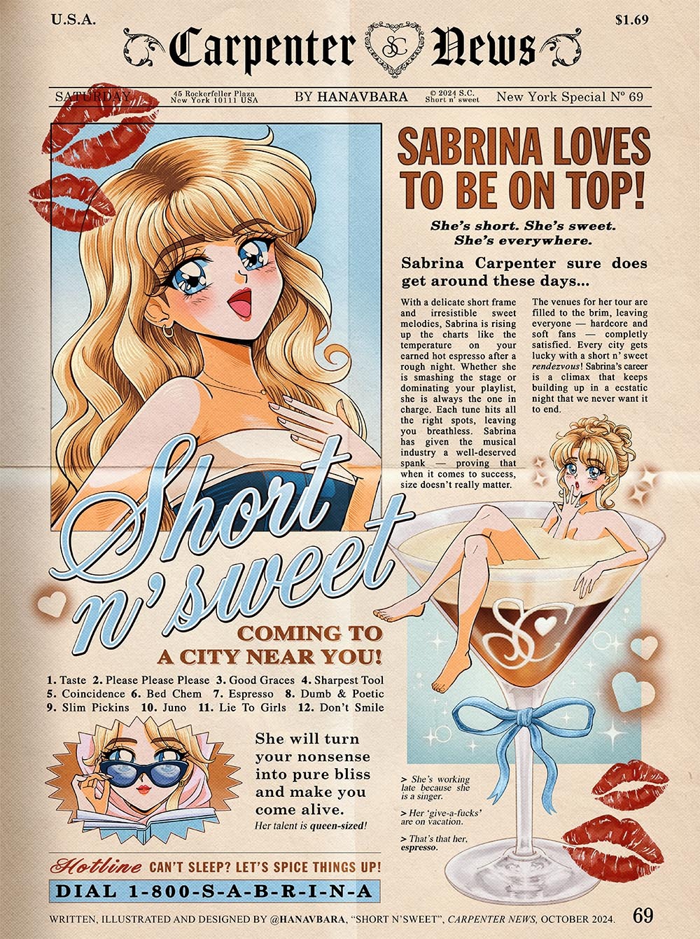 1girl :o adjusting_eyewear artist_name blonde_hair blue_eyes cocktail_glass commentary cup dress drinking_glass english_commentary english_text hair_bun hanavbara hand_on_own_chest hand_to_own_mouth highres lipstick_mark long_hair mini_person minigirl newspaper open_mouth real_life red_lips retro_artstyle sabrina_carpenter sleeveless sleeveless_dress sunglasses