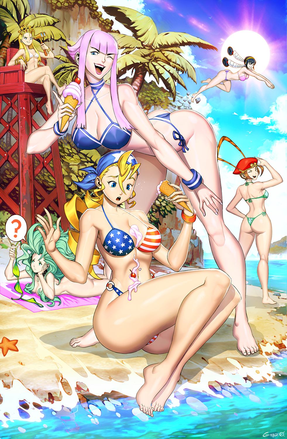 6+girls american_flag american_flag_bikini american_flag_print arieta_(cyberbots) ass bandana bent_over bikini blonde_hair breasts capcom chair company_connection covered_erect_nipples crossover cyberbots devilot_de_deathsatan_ix ele_(star_gladiator) flag_print flag_print_bikini food food_on_body genzoman green_hair highres ice_cream ice_cream_cone justice_gakuen lifeguard_chair lying manon_legrand multiple_crossover multiple_girls nude on_stomach pink_hair print_bikini speech_bubble star_gladiator starfish street_fighter street_fighter_6 swimsuit tao_(warzard) thighs tiara tiffany_lords unworn_bikini warzard water