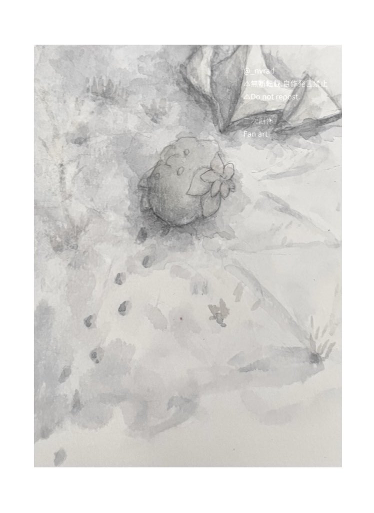 animal_focus artist_name border buried facing_away flower footprints from_behind full_body gen_4_pokemon giratina grey_theme greyscale legendary_pokemon monochrome mythical_pokemon neverland+ nintendo no_humans painting_(medium) pokemon pokemon_(creature) shaymin shaymin_(land) sketch snow traditional_media twitter_username watercolor_(medium) watermark white_border