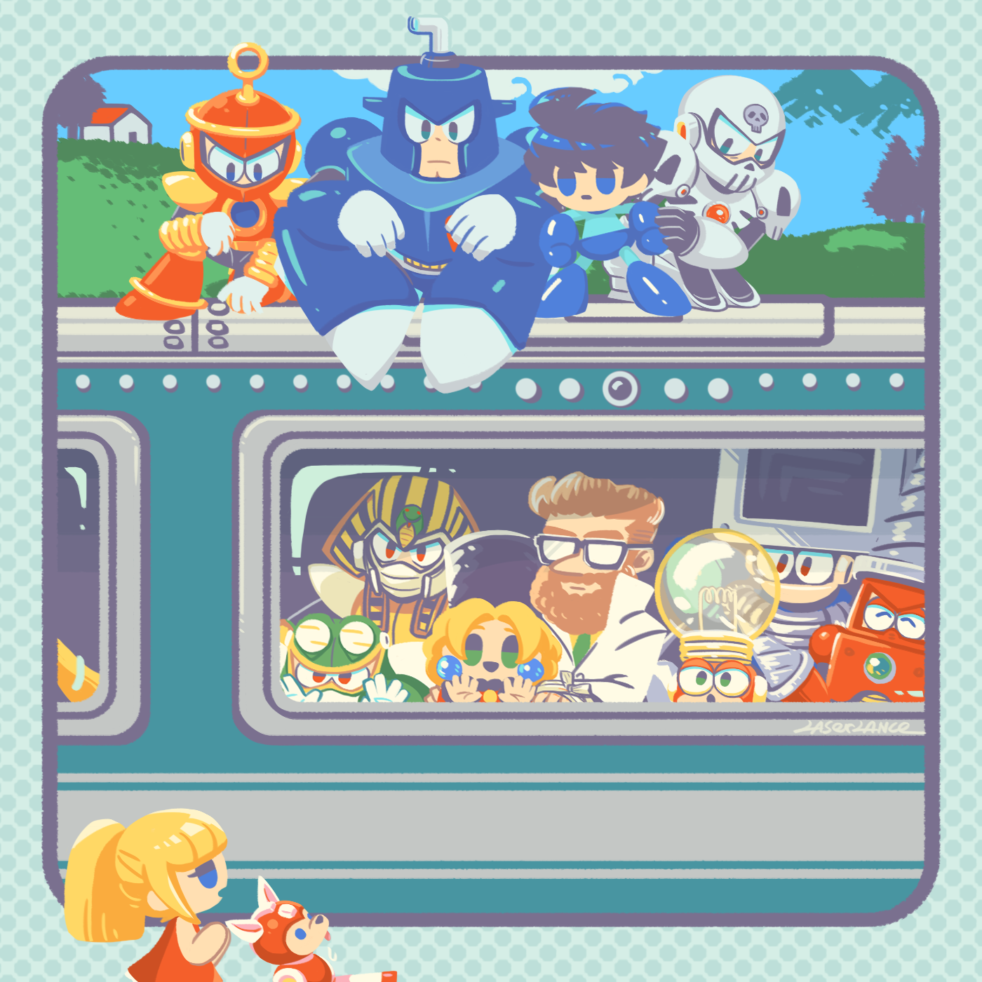 2girls 6+boys black-framed_eyewear blonde_hair blue_eyes blunt_bangs bright_man day dive_man dr._cossack_(mega_man) drill_man dust_man glasses highres house humanoid_robot kalinka_cossack_(mega_man) laser-lance mega_man_(character) mega_man_(classic) mega_man_(series) mega_man_4 multiple_boys multiple_girls outdoors pharaoh_man ponytail red_eyes ring_man robot roll_(mega_man) rush_(mega_man) short_hair short_ponytail skull_man toad_man train