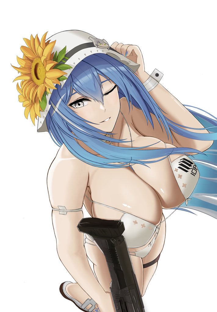1girl bikini blue_hair breasts bullpup cleavage collarbone double-barreled_shotgun dp-12_(girls&#039;_frontline) dp-12_(morning_fable)_(girls&#039;_frontline) flower full_body girls&#039;_frontline grey_eyes gun hair_between_eyes hat hat_flower huge_breasts jewelry long_hair looking_at_viewer marmotmeow12 multiple-barrel_gun one_eye_closed parted_lips pump-action_shotgun shotgun side-by-side-barreled_shotgun smile solo standard_manufacturing_dp-12 sun_hat sunflower swimsuit teeth weapon white_bikini white_hat
