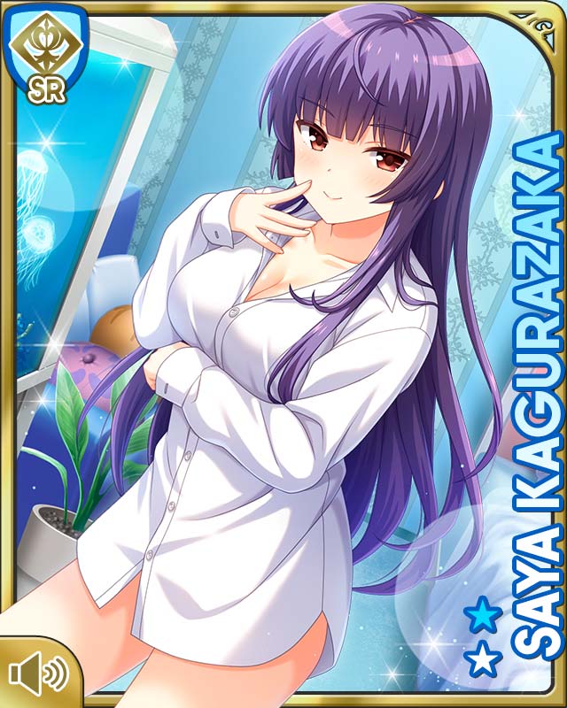 1girl bare_legs barefoot bedroom blue_hair bookcase bottomless brown_eyes card_(medium) character_name closed_mouth day dress_shirt girlfriend_(kari) indoors kagurazaka_saya kneeling long_hair official_art qp:flapper shirt smile tagme white_shirt