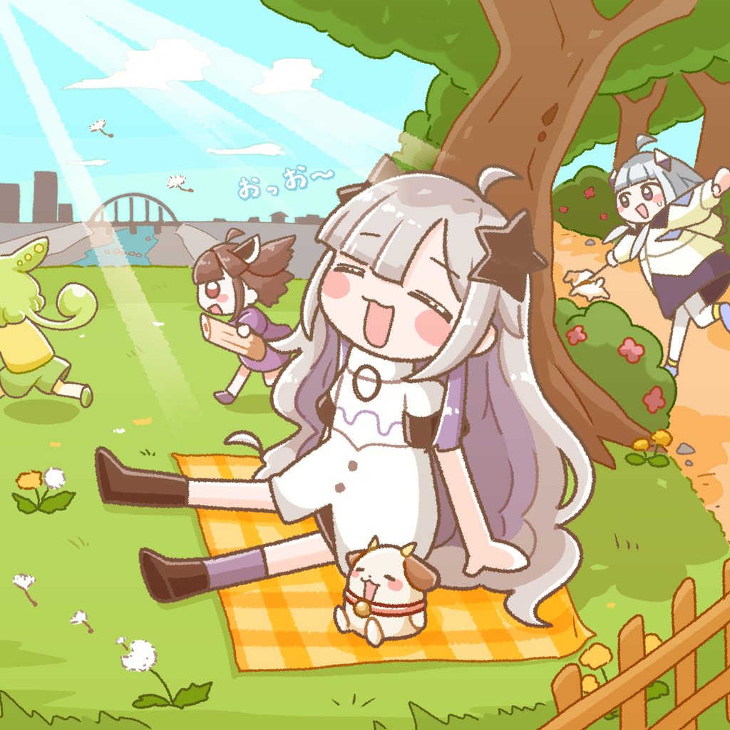 4girls :3 =_= ahoge arm_support asymmetrical_legwear black_footwear blade blue_sky blunt_bangs blush_stickers boots bridge brown_hair cevio chibi coat commentary_request dandelion dandelion_seed day diamond_hair_ornament dog dress fence flower food goat grass green_hair green_shorts grey_hair hair_ornament headgear high_collar holding holding_food hood hood_down hooded_jacket jacket kafu_(cevio) kamitsubaki_studio kiritanpo_(food) kneehighs leggings light_rays long_hair long_sleeves low_ponytail low_twintails multicolored_hair multiple_girls o-ring on_ground open_mouth outdoors pet_walking picnic ponytail purple_dress purple_hair purple_socks running sekai_(cevio) shirt short_sleeves shorts single_kneehigh single_sock sitting sky smile socks star_(symbol) star_hair_ornament streaked_hair sunbeam sunlight sweatdrop t_masoppu taiyou_poka_poka_de_kusa_(cevio) touhoku_kiritan translation_request tree twintails very_long_hair voiceroid voicevox white_coat white_jacket white_leggings yellow_shirt zundamon