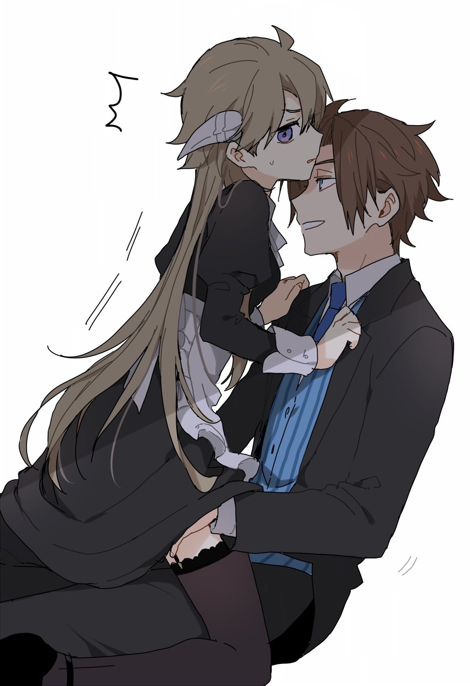 1boy 1girl 7100potechi alternate_costume apron black_dress black_jacket black_pants black_thighhighs blue_necktie blue_vest breasts brown_hair collared_shirt dress enmaided frilled_apron frills genderswap genderswap_(mtf) goggles goggles_on_head hair_between_eyes hair_slicked_back hand_on_another&#039;s_shoulder hand_under_clothes hetero highres horns hyuse implied_fingering jacket jin_yuuichi juliet_sleeves leaning_back leaning_forward light_brown_hair long_hair long_sleeves looking_at_another looking_at_viewer maid necktie pants profile puffy_sleeves shirt short_hair simple_background striped_clothes striped_vest surprised thighhighs vest waist_apron white_apron white_background world_trigger