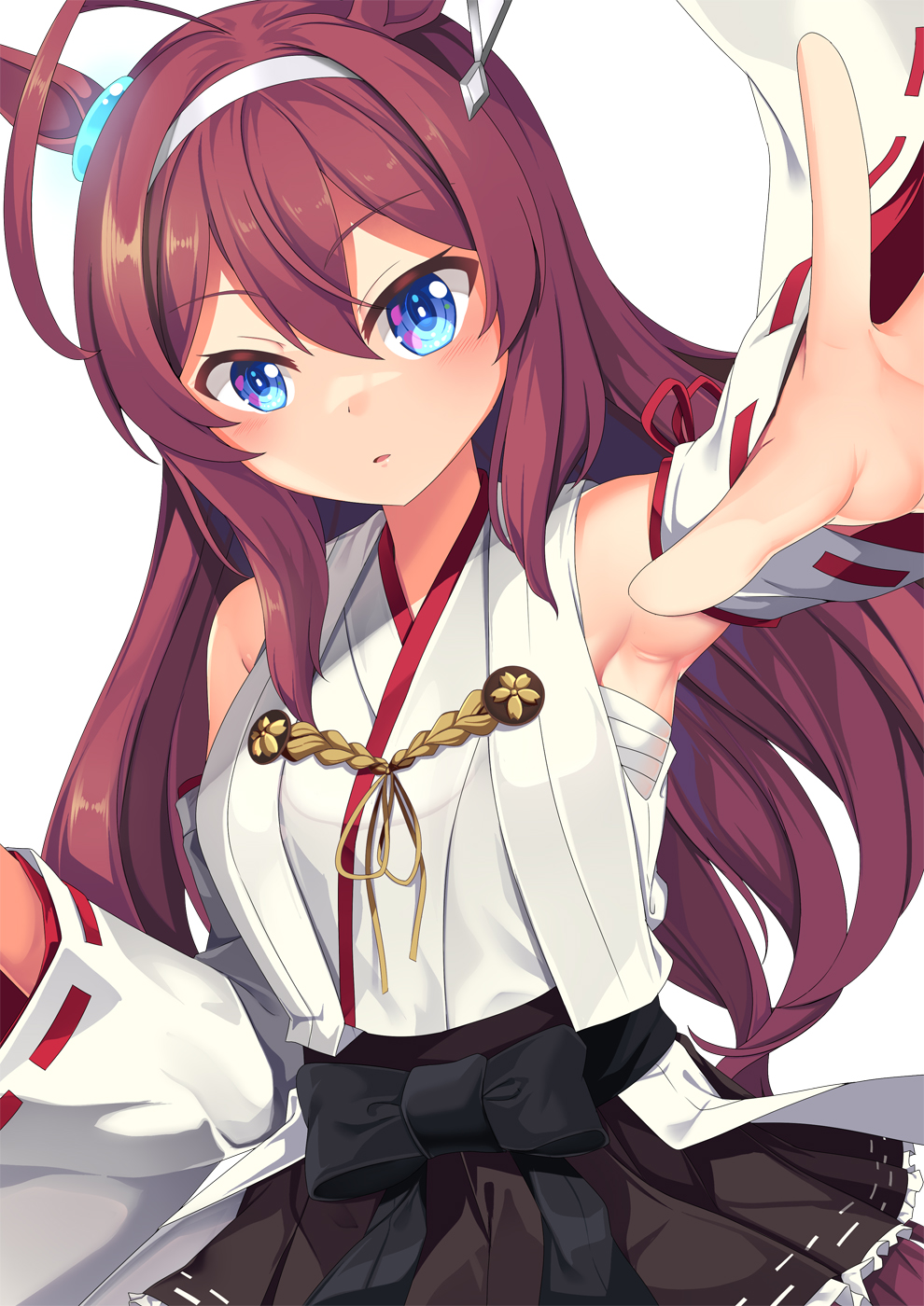 1girl alternate_costume animal_ears black_skirt blue_eyes breasts brown_hair cosplay cowboy_shot detached_sleeves ear_ornament hair_between_eyes hairband hakama hakama_short_skirt hakama_skirt headgear highres horse_ears horse_girl horse_tail japanese_clothes kantai_collection kongou_(kancolle) kongou_(kancolle)_(cosplay) kongou_kai_ni_(kancolle) long_hair looking_at_viewer medium_breasts mihono_bourbon_(umamusume) nontraditional_miko ribbon-trimmed_sleeves ribbon_trim shadow simple_background skirt solo tail umamusume white_background yasume_yukito