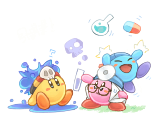 ? blush_stickers copy_ability doctor_kirby esp_kirby glasses headband kirby kirby_(series) multiple_persona nintendo no_humans pill poison_kirby simple_background sitting skull smile white_background ziro_(daydozen)