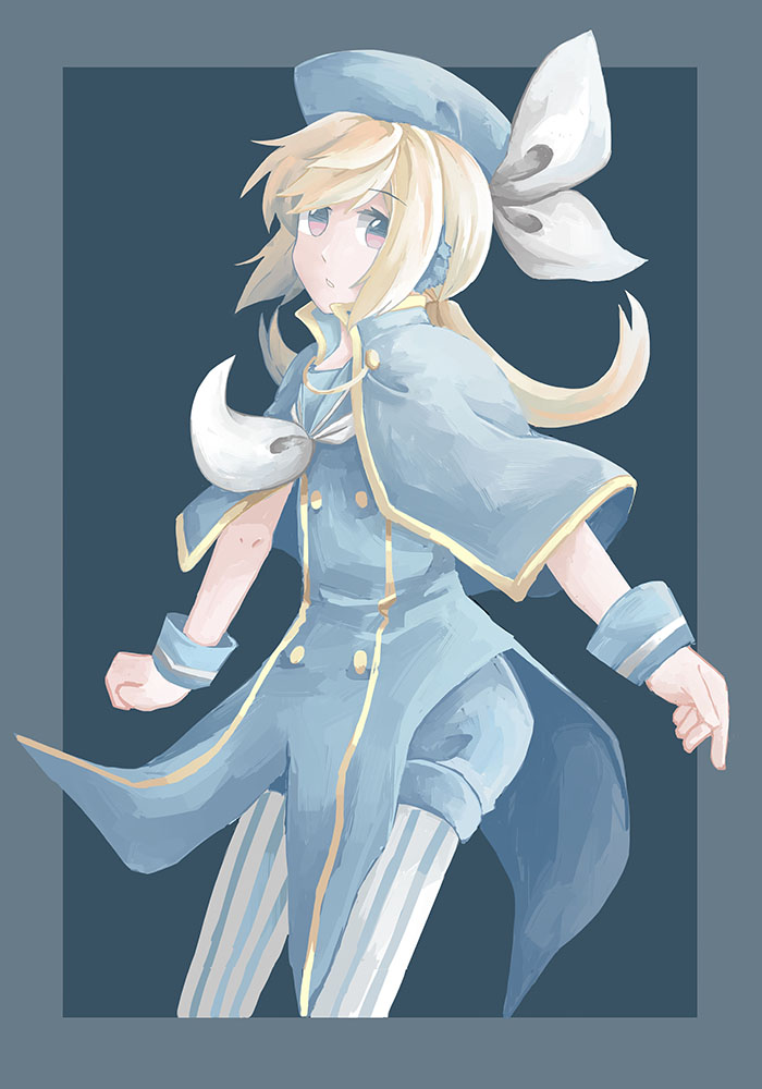1girl blonde_hair bloomers blue_background blue_bloomers blue_hat border capelet clenched_hand efina featherwings24 female_focus hat head_tilt lieat neckerchief outside_border pantyhose parted_lips pink_eyes simple_background solo striped_clothes striped_pantyhose swept_bangs underwear uniform wrist_cuffs