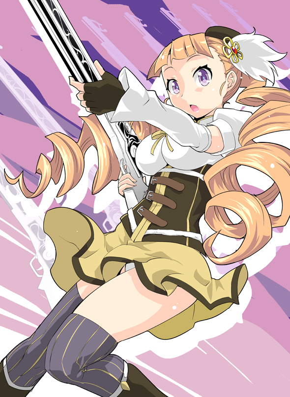 1girl aq_interactive arcana_heart atlus beret cosplay drill_hair examu female_focus gun hat long_hair look-alike magical_musket mahou_shoujo_madoka_magica mahou_shoujo_madoka_magica_(anime) panties pantyshot petra_johanna_lagerkvist skirt solo takashi_moritaka thighhighs tomoe_mami tomoe_mami_(cosplay) tomoe_mami_(magical_girl) underwear upskirt very_long_hair weapon white_panties