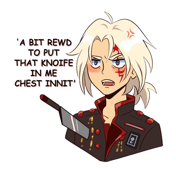 1boy allen_walker andythelemon anger_vein d.gray-man english_text grey_eyes knife light_blush long_hair male_focus pale_skin ponytail solo solo_focus stab white_background white_hair
