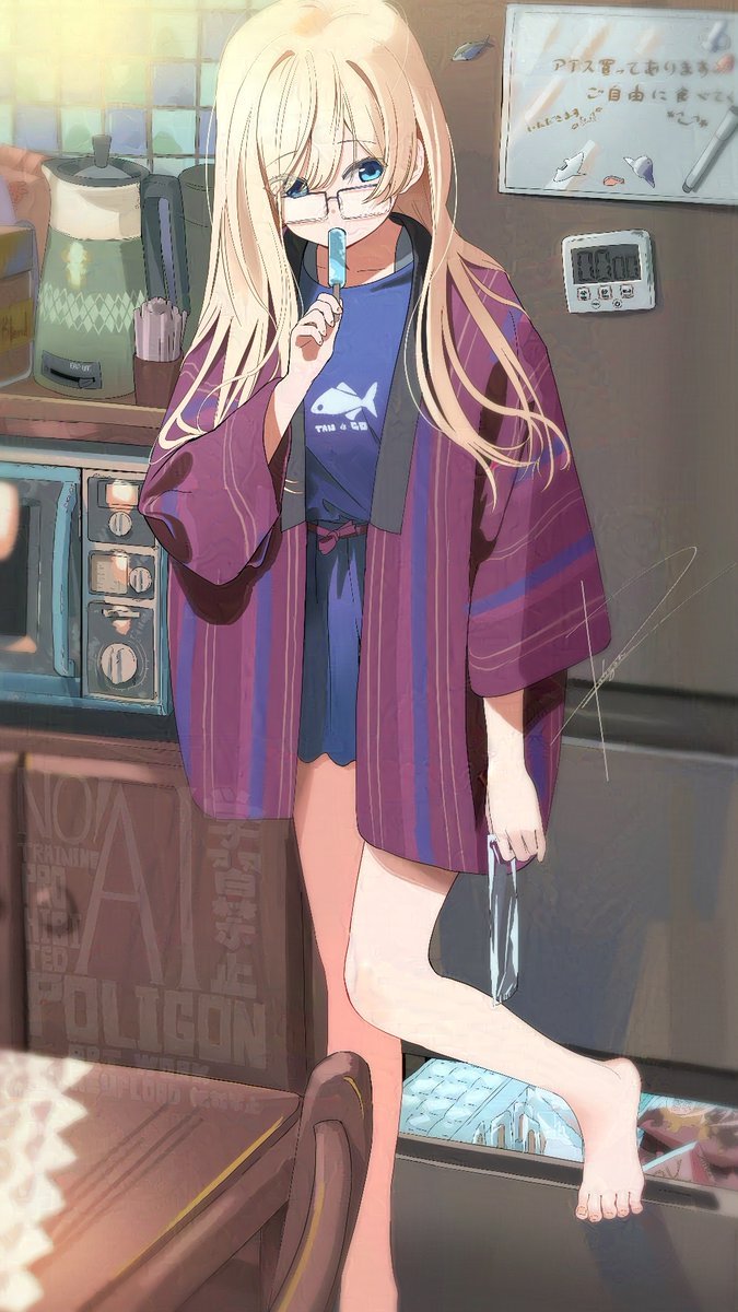 1girl animal_print bad_id bad_twitter_id barefoot blonde_hair blue_eyes character_request copyright_request fish_print food highres holding holding_food holding_popsicle indoors kettle long_hair microwave poligon_(046) popsicle print_shirt rectangular_eyewear refrigerator shirt solo standing standing_on_one_leg table toes