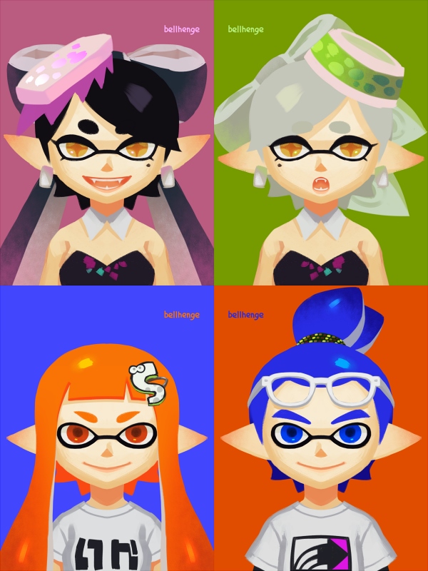1boy 3girls anniversary arrow_print bare_shoulders bellhenge black_dress black_hair black_sleeves blue_background blue_eyes blue_hair bow callie_(splatoon) callie_(squid_sisters_outfit)_(splatoon) closed_mouth collar commentary cousins cup_on_head deviantart_username dress earrings english_commentary eyelashes eyewear_on_head food food-themed_hair_ornament frown glasses green_background hair_bow hair_ornament hairclip inkling inkling_boy inkling_girl inkling_player_character jewelry layered_sleeves logo_hair_ornament long_hair long_sleeves marie_(splatoon) marie_(squid_sisters_outfit)_(splatoon) mole mole_under_eye multiple_girls nintendo open_mouth orange_background orange_eyes orange_hair pink_background pointy_ears ponytail sharp_teeth shirt short_hair short_over_long_sleeves short_ponytail short_sleeves silver_earrings sleeveless sleeveless_dress smile splatoon_(series) splatoon_1 sushi t-shirt teeth tentacle_hair thick_eyebrows twintails upper_body white-framed_eyewear white_collar white_hair white_shirt yellow_eyes