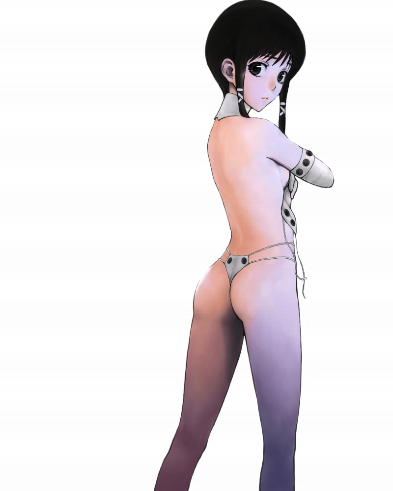 1girl ass black_eyes black_hair breasts covering_breasts covering_privates elbow_gloves elenab female_focus gloves hair_ribbon hikari_to_mizu_no_daphne long_hair looking_at_viewer looking_back mizuki_maia no_bra ribbon sideboob sidelocks simple_background solo standing thong undressing white_background white_gloves