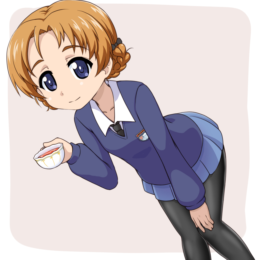 1girl black_necktie black_pantyhose blue_eyes blue_skirt blue_sweater braid closed_mouth commentary cup dress_shirt dutch_angle emblem girls_und_panzer goriate grey_background hand_on_own_knee holding holding_cup leaning_forward long_sleeves looking_at_viewer miniskirt necktie orange_hair orange_pekoe_(girls_und_panzer) pantyhose pleated_skirt school_uniform shirt short_hair skirt smile solo st._gloriana&#039;s_(emblem) st._gloriana&#039;s_school_uniform standing sweater tea teacup twin_braids v-neck white_shirt wing_collar