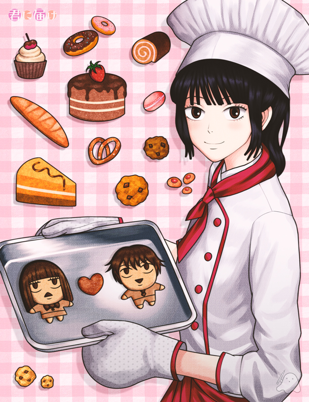 1girl baguette baking_sheet black_hair blunt_bangs blush bread brown_eyes cake cake_slice chef chef_hat cherry closed_mouth cookie copyright_name critter100 cupcake donut female_focus food from_side fruit hat heart kazehaya_shouta kimi_ni_todoke kuronuma_sawako long_hair looking_at_viewer macaron oven_mitts pink_background plaid_background pretzel short_hair smile solo strawberry swiss_roll watermark