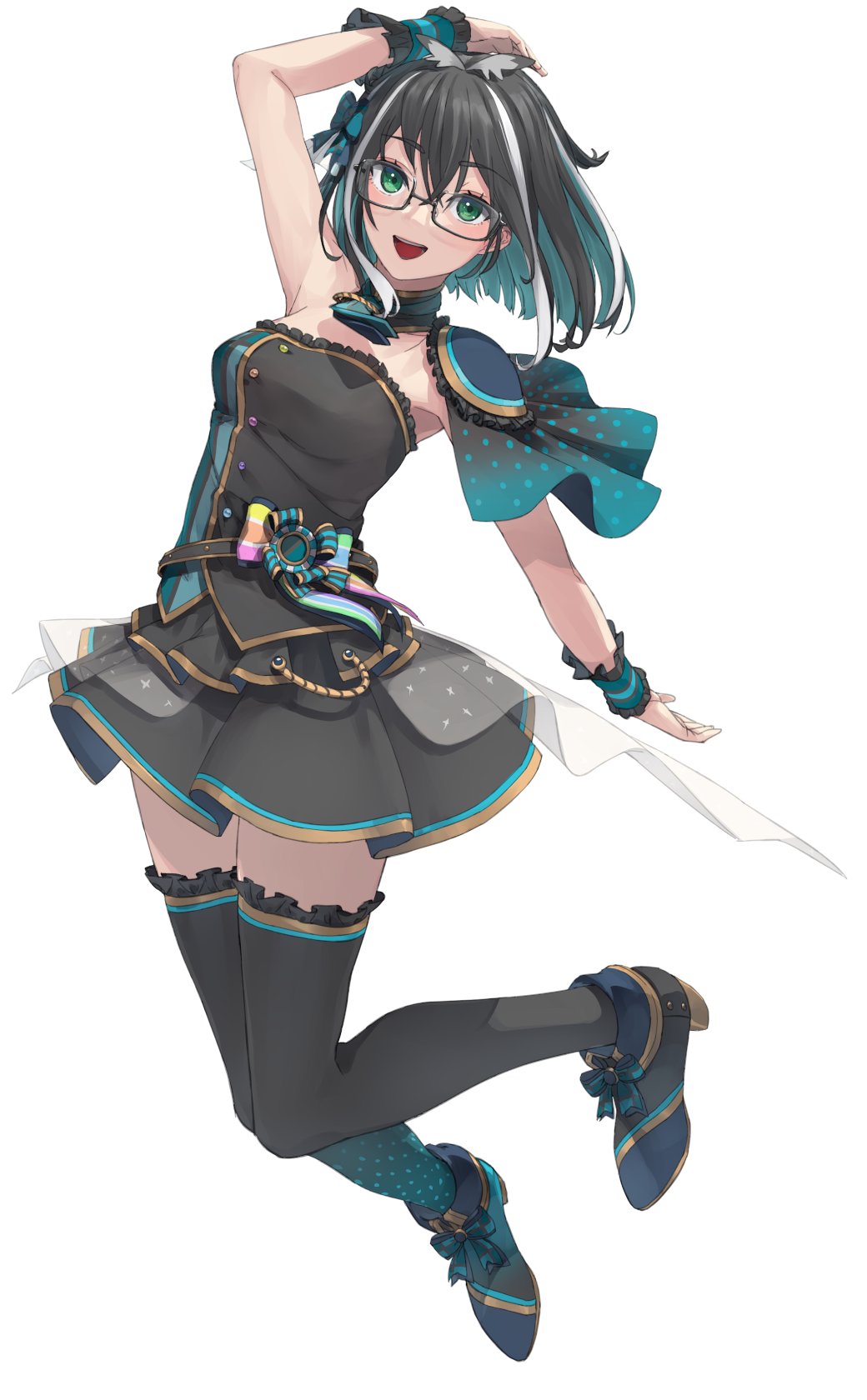 1girl animare animare_stage_costume arm_up atsushima belt black-framed_eyewear black_belt black_footwear black_hair black_shirt black_skirt black_thighhighs blue_footwear blue_hair blue_shirt blush breasts commentary_request epaulettes frilled_shirt frilled_thighhighs frills full_body glasses gold_trim green_eyes hair_between_eyes high_heels highres jumping looking_at_viewer medium_breasts medium_hair multicolored_hair nanashi_inc. open_mouth oura_rukako shirt simple_background single_epaulette skirt skirt_set smile solo strapless strapless_shirt streaked_hair thighhighs virtual_youtuber white_background white_hair wrist_cuffs