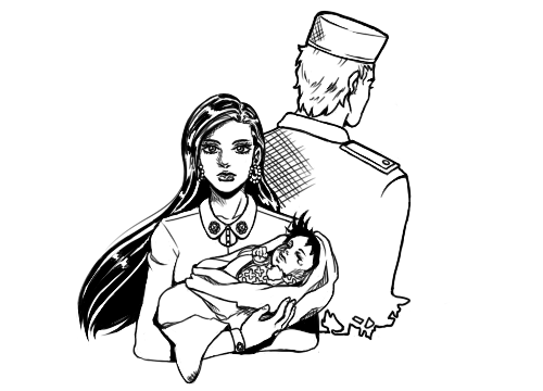 1girl 2boys aged_down araki_hirohiko_(style) baby baby_carry bad_id bad_pixiv_id carrying closed_eyes crosshatching earrings family george_joestar_ii greyscale hat hatching_(texture) jewelry jojo_no_kimyou_na_bouken joseph_joestar joseph_joestar_(young) lisa_lisa long_hair lowres military military_uniform monochrome mother_and_son multiple_boys official_alternate_costume raiyatomic tears