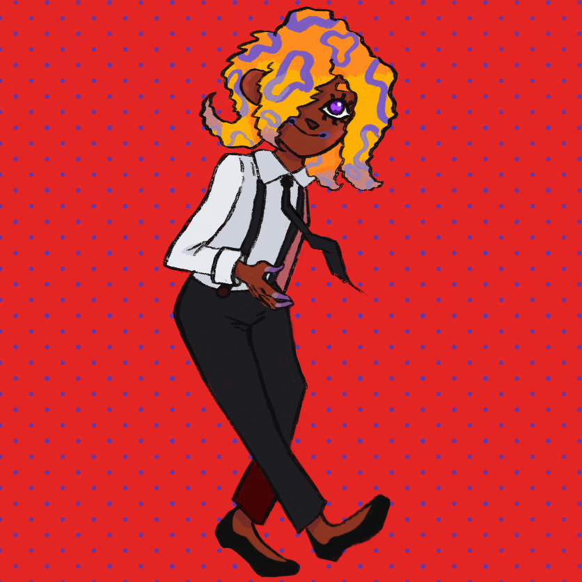 1girl black_footwear black_necktie black_pants black_suspenders collared_shirt dark-skinned_female dark_skin feralnome hair_over_one_eye long_sleeves necktie nintendo orange_hair pants patterned_hair purple_eyes red_background shirt smile solo splatoon_(series) splatoon_3 tao_blu white_shirt