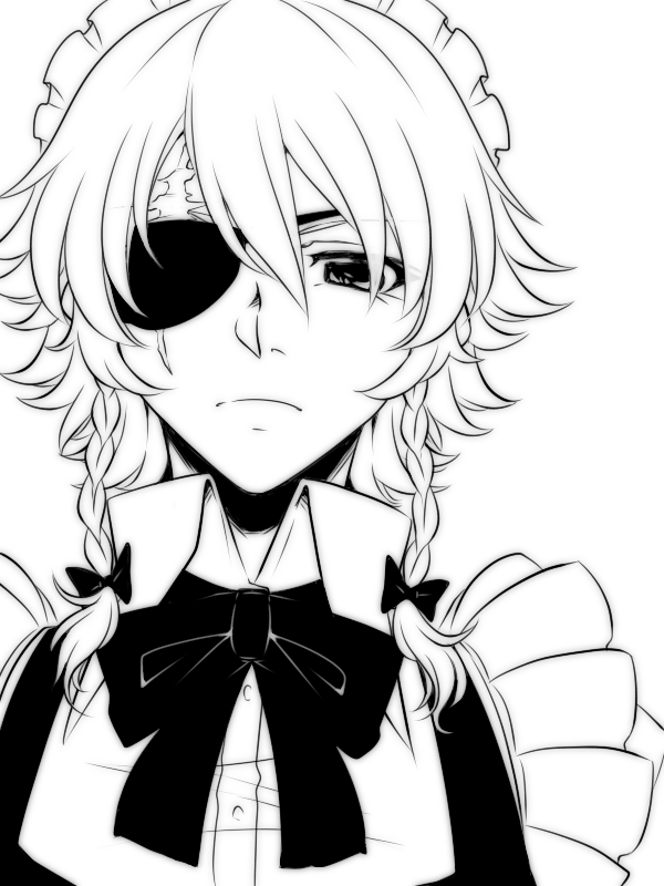 1girl bow bowtie braid closed_mouth collared_shirt commentary_request eyepatch frown greyscale hair_between_eyes hair_bow izayoi_sakuya long_bangs looking_at_viewer maid_headdress medium_hair monochrome neko_majin portrait scar scar_across_eye scar_on_face shirt simple_background solo touhou twin_braids