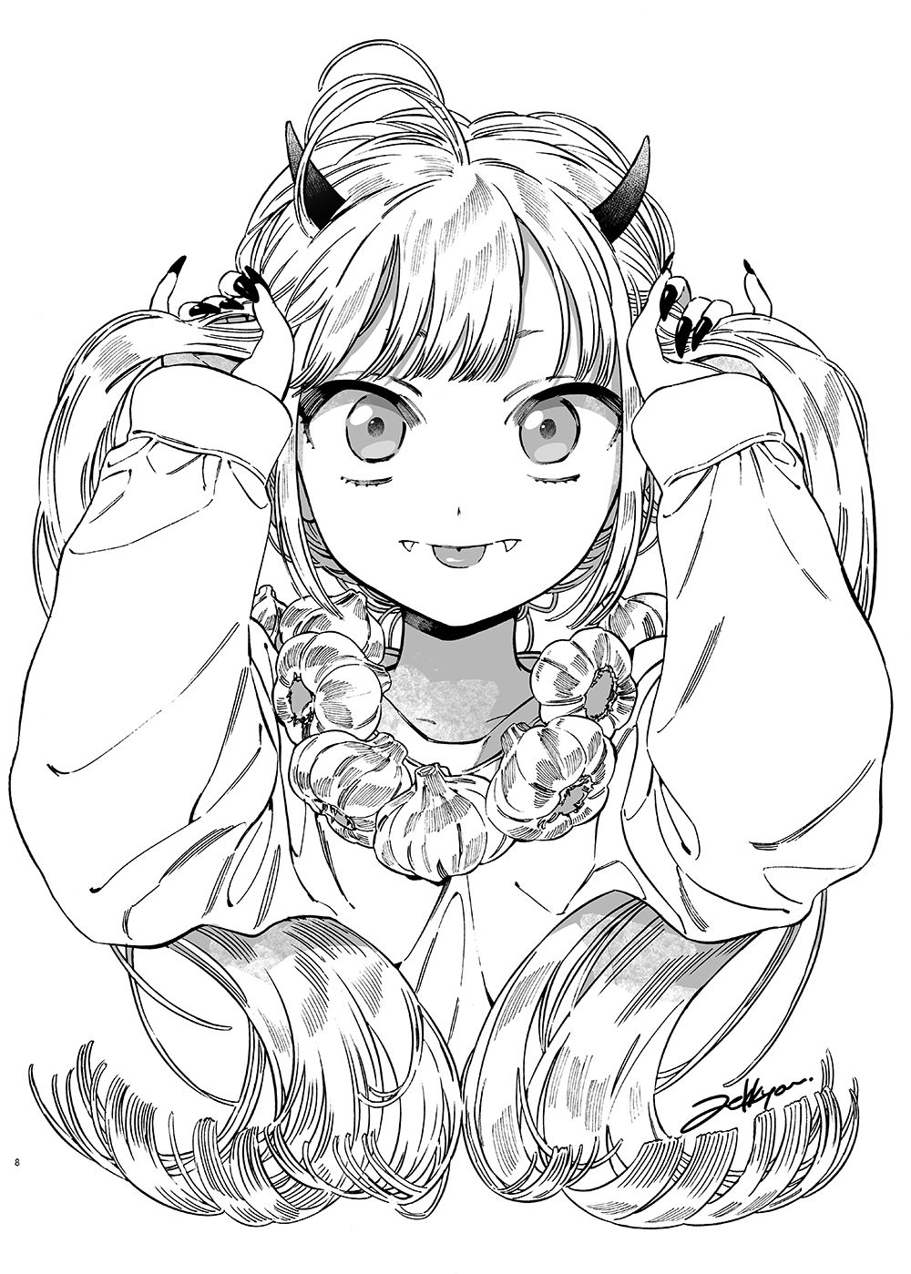 1girl ahoge arms_up bunching_hair fangs fingernails food-themed_necklace garlic greyscale highres holding holding_own_hair horns long_fingernails long_hair long_sleeves monochrome nail_polish original sharp_fingernails solo sunshine_creation swept_bangs tongue tongue_out very_long_fingernails zekkyou_(h9s9)