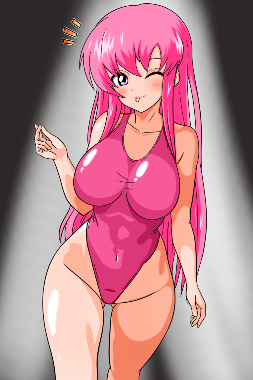 breasts collarbone commentary_request covered_navel gradient_background gundam gundam_seed gundam_seed_destiny highres large_breasts leotard meer_campbell notice_lines one-piece_swimsuit one_eye_closed partial_commentary pink_hair pink_leotard pink_one-piece_swimsuit purple_eyes susuki_(susuki_hg) swimsuit