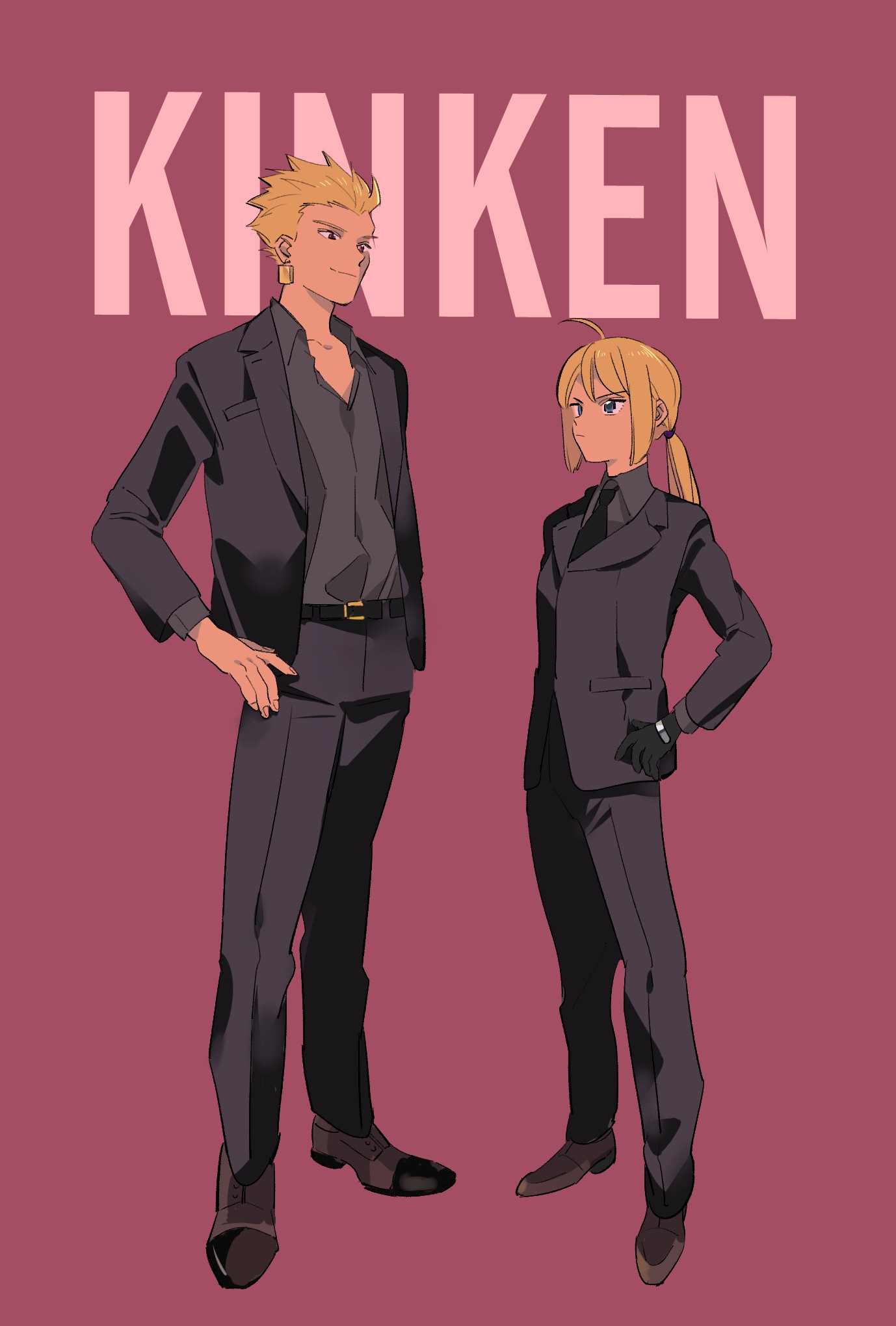 1boy 1girl ahoge alternate_costume artoria_pendragon_(fate) black_gloves black_jacket black_shirt black_suit blue_eyes brown_shoes commentary_request duck11_rp fate/zero fate_(series) formal_clothes gilgamesh_(fate) gloves highres jacket ponytail red_background red_eyes saber_(fate) shirt shoes smile suit suit_jacket