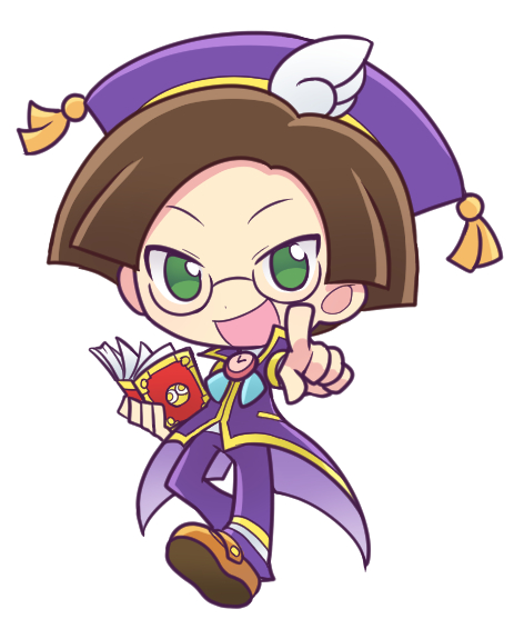 1boy book brown_hair brown_shoes chibi chibi_only coat dot_nose fukumitsu_(kirarirorustar) full_body glasses green_eyes hat hat_tassel holding holding_book index_finger_raised klug_(puyopuyo) male_focus pants pocket_watch purple_coat purple_hat purple_pants puyo_(puyopuyo) puyopuyo puyopuyo_fever shoes simple_background watch white_background wing_hat_ornament