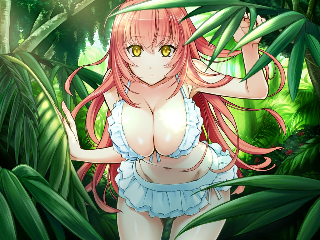 1girl bikini breasts cleavage female_focus game_cg large_breasts liarsoft long_hair looking_at_viewer navel neon_scala_sumiriya ourai_no_gahkthun pink_hair plant solo steampunk_(liarsoft) swimsuit very_long_hair yellow_eyes